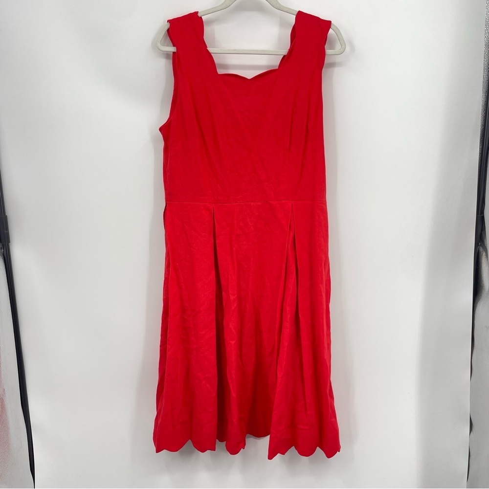 For Cynthia Red Linen Blend midi Dress Size L scalloped edge sleeveless